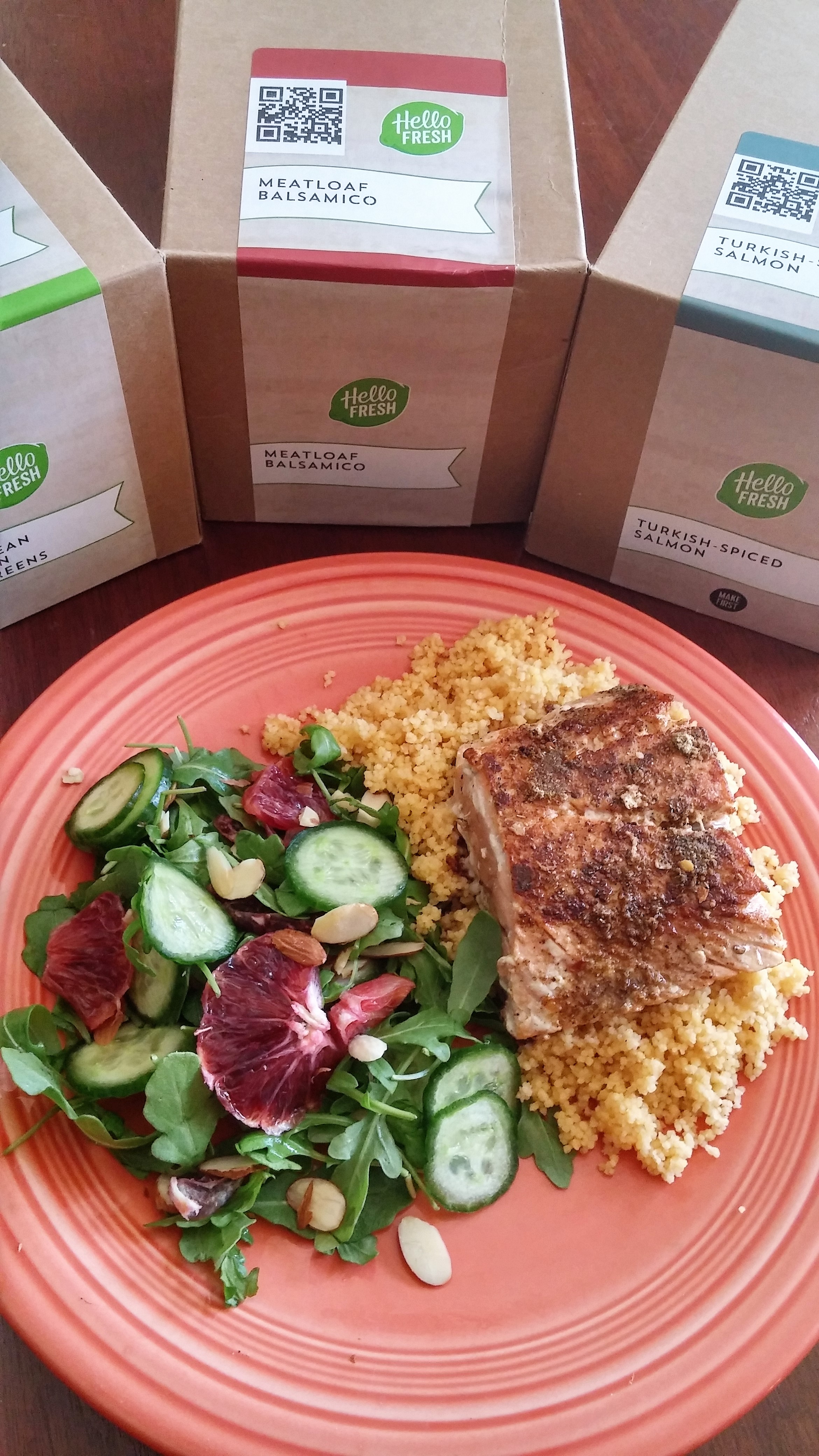 HelloFresh is dedicated to using sustainably farmed fish in dishes such as its Turkish-Spiced Salmon served with Arugula-Blood Orange Salad and Couscous Pilaf.