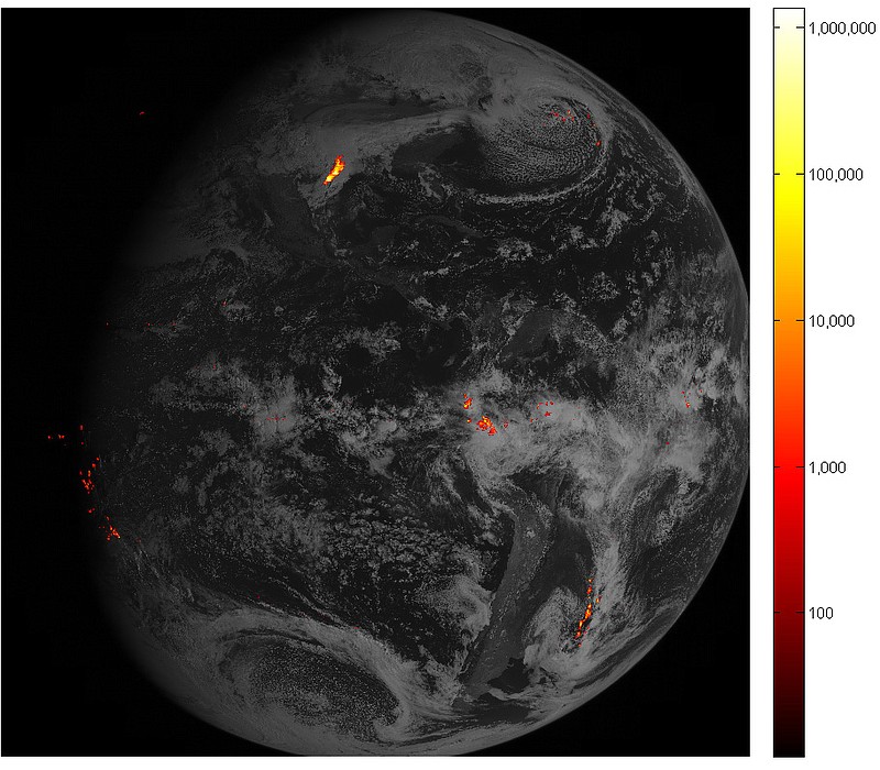 
              In this mage provided by NOAA shows some of the first images from it's new satellite that maps lightning. A new U.S. satellite is mapping lightning flashes worldwide from above, which should provide better warning about dangerous strikes.  NOAA released the first images from a satellite launched last November that had the first lightning detector in geostationary orbit. It includes bright flashes from a storm that spawned tornadoes and hail in the Houston region on Valentine’s Day. (NOAA via AP)
            