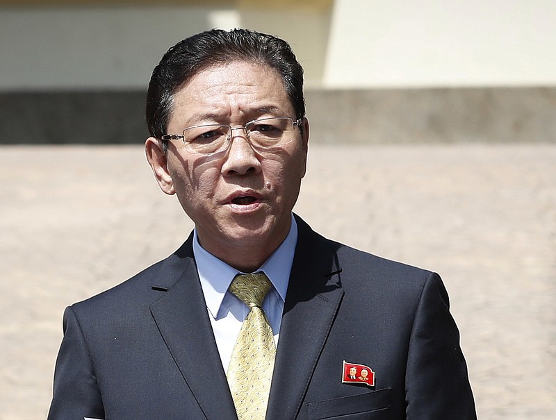 
              FILE - In this Feb. 20, 2017 file photo, North Korea's Ambassador to Malaysia Kang Chol speaks to the media outside the North Korean Embassy in Kuala Lumpur, Malaysia. Malaysian Deputy Prime Minister Ahmad Zahid Hamidi says the expulsion of North Korea’s ambassador was to warn Pyongyang that they cannot manipulate Malaysia’s investigation into Kim Jong Nam’s murder. The government on Saturday, March 4, 2017 declared Ambassador Kang Chol persona non grata and gave him 48 hours to leave the country after he refused to apologize over strong accusations against Malaysia. (AP Photo/Vincent Thian, File)
            