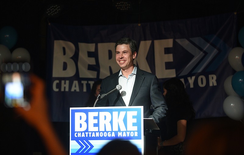 Mayor Andy Berke speaks to supporters Tuesday, March 7, 2017, in the Revelry Room.