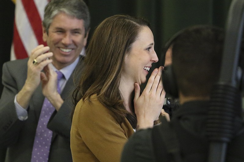 Staff Photo by Dan Henry / The Chattanooga Times Free Press- 3/7/17. Battle Academy third grade teacher Katelyn Baker reacts as she is announced as the recipient of an unrestricted $25,000 Milken Educator Award during an all-school assembly on March 7, 2017.