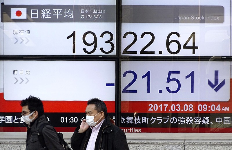 
              Men walk by an electronic stock board of a securities firm in Tokyo, Wednesday, March 8, 2017. Asian stocks declined Wednesday after Wall Street retreated for a second day following President Donald Trump's comments about reducing drug prices. (AP Photo/Eugene Hoshiko)
            