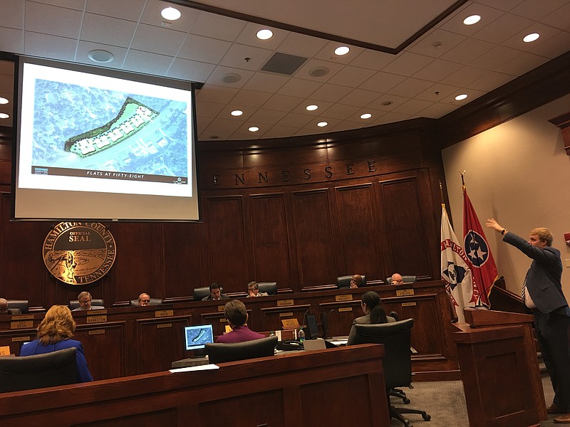 Developer Alex Trent describes the proposed site for the Flats at Fifty-Eight to the Hamilton County Commisison. Trent seeks a tax break for the 120-unit complex, which will provide affordable workforce housing in the Highway 58 area.