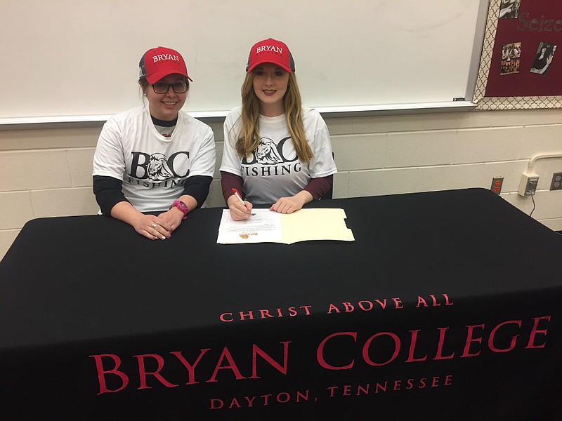 Hollie Reagan from Walters State Community College, left, and Briana Tucker of Hartselle (Ala.) High School recently became the first female signees for the Bryan College fishing program.