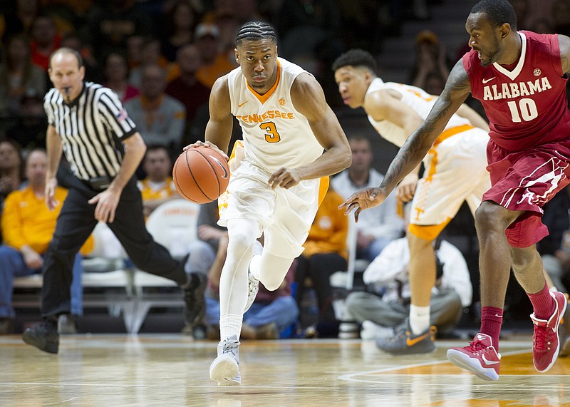 Tennessee's Robert Hubbs III, left, has SEC tournament experience, but many of his teammates don't. The Vols play their first game at this year's tournament in Nashville at 1 this afternoon, against Georgia.