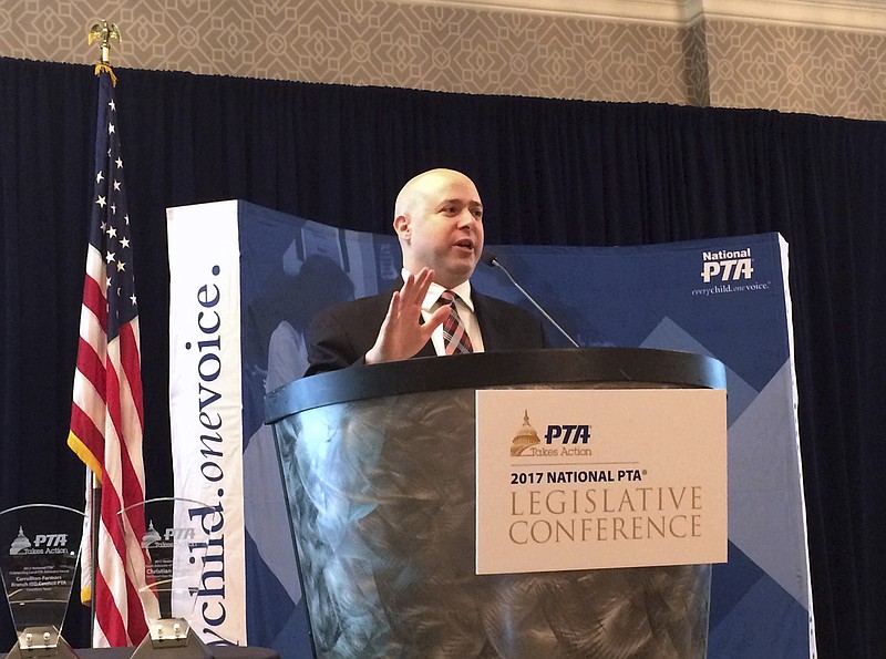 
              Jason Botel, President Donald Trump's education adviser, speaks at a conference of education advocates in Washington, Wednesday, March 8, 2017. Botel said American families should be able to choose from various school options for their children, including private schools. (AP Photo/Maria Danilova)
            