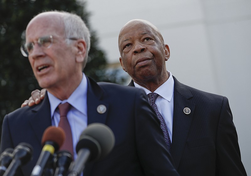 
              Rep. Elijah Cummings, D-Md. listens as right as  Rep. Peter Welch, D-Vt. speaks to members of the media outside the West Wing of the White House in Washington, Wednesday, March 8, 2017, following their meeting with President Donald Trump. (AP Photo/Pablo Martinez Monsivais)
            