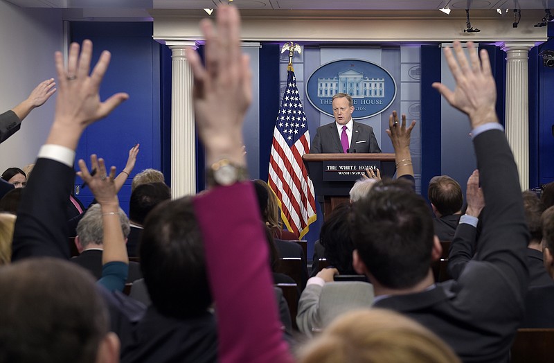 
              White House press secretary Sean Spicer speaks during the daily briefing at the White House in Washington, Thursday, March 9, 2017. Spicer answered questions about small businesses, the economy, the federal budget and other topics. (AP Photo/Susan Walsh)
            