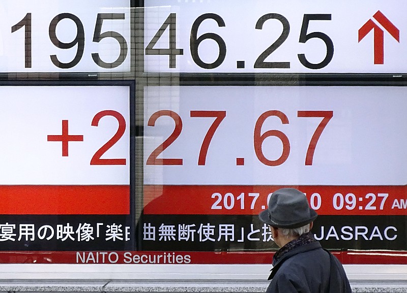 
              A man looks at an electronic stock board of a securities firm showing Tokyo's Nikkei 225 stock index in Tokyo, Friday, March 10, 2017. Asian stock markets were mostly higher, led by Japan, on Friday as investors awaited the U.S. employment report. South Korean stocks rose slightly after the Constitutional Court decided to remove the country’s president for the first time in history. (AP Photo/Eugene Hoshiko)
            