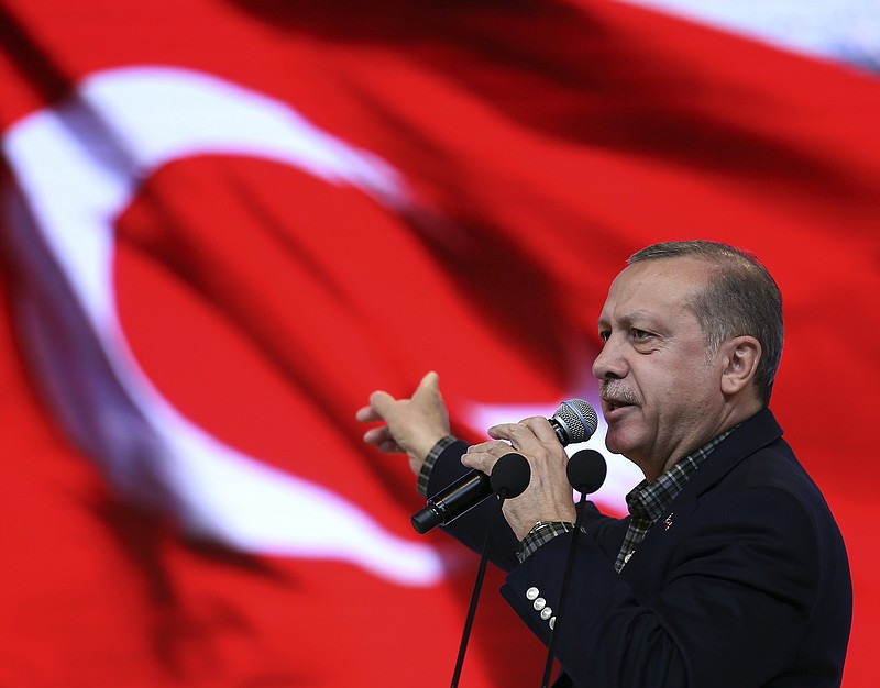 
              In this March 5, 2017 file-pool photo, Turkey's President Recep Tayyip Erdogan speaks in Istanbul. On a mission to rehabilitate its image, Turkey is instead inching closer to being an outcast among Western nations that seem to understand their NATO ally less and less each day.  (Yasin Bulbul/Presidential Press Service, Pool Photo via AP, File)
            