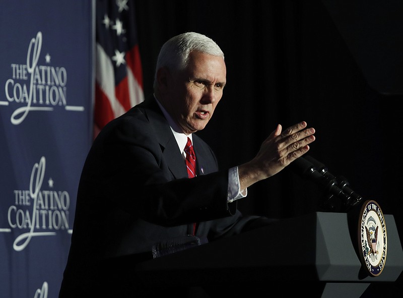 
              Vice President Mike Pence speaks to the Latino Coalition's "Make Small Business Great Again Policy Summit" in Washington, Thursday, March 9, 2017. (AP Photo/Manuel Balce Ceneta)
            