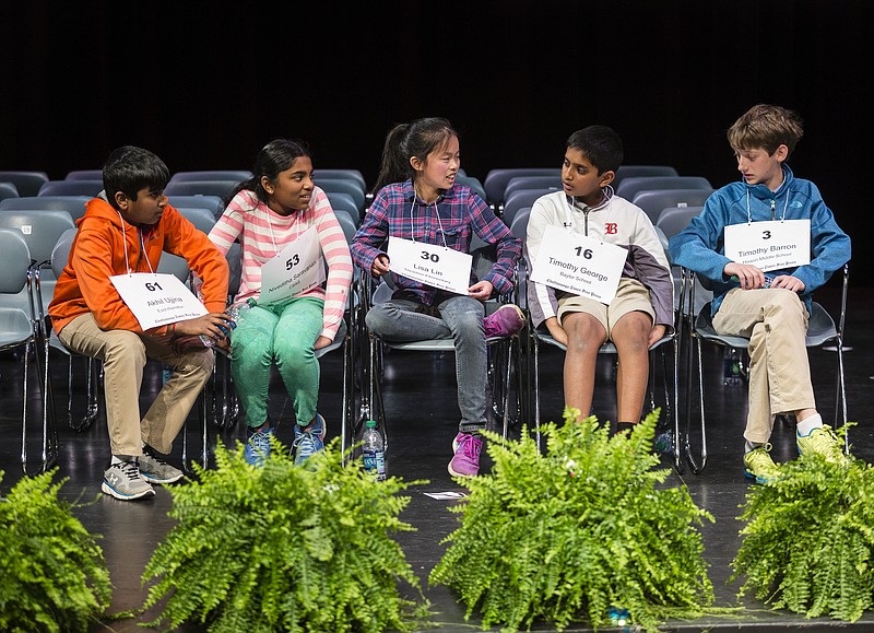 The final five spellers talk during a break at the Times Free Press Regional Spelling Bee at the UTC Fine Arts Center on Saturday, March 11, 2017, in Chattanooga, Tenn. Thrasher Elementary student Lisa Lin won first place and will represent Chattanooga in the national spelling bee.
