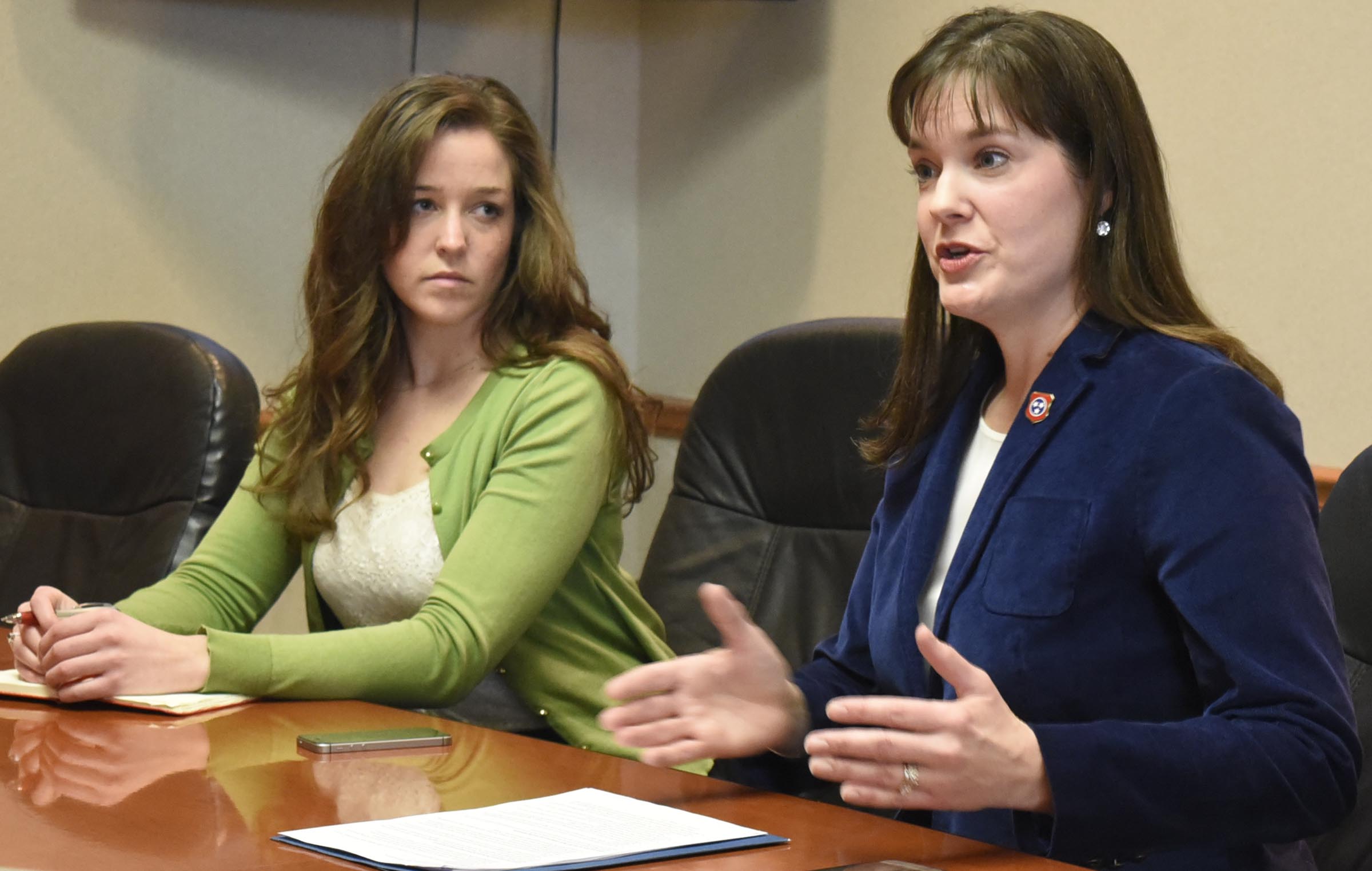 Tennessee commissioner of education Candice McQueen spoke to the editorial board of the Chattanooga Times Free Press at the newspaper's office on March 7, 2017. Director of strategic communication and chief of staff Sara Gast listens in the background.