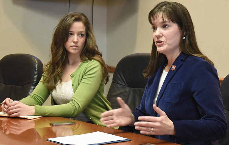 Tennessee commissioner of education Candice McQueen spoke to the editorial board of the Chattanooga Times Free Press at the newspaper's office on March 7, 2017.  Director of strategic communication and chief of staff Sara Gast listens in the background.     