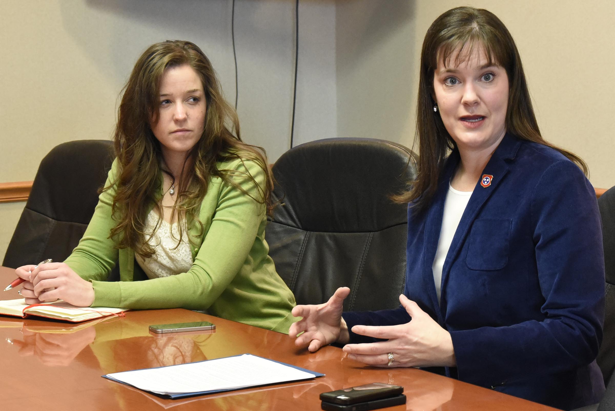 Tennessee commissioner of education Candice McQueen spoke to the editorial board of the Chattanooga Times Free Press at the newspaper's office on March 7, 2017. Director of strategic communication and chief of staff Sara Gast listens in the background.