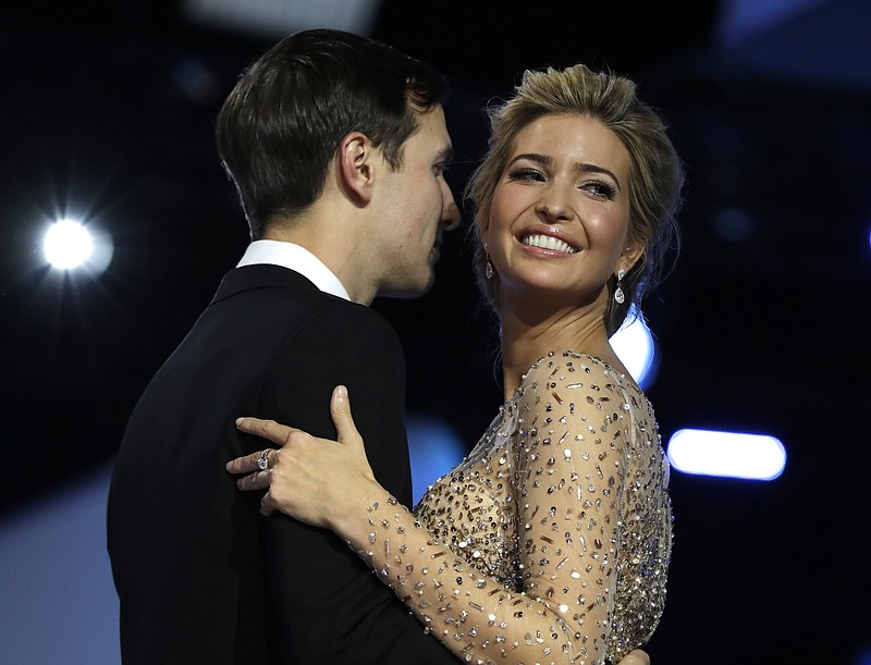 
              FILE - In this Friday, Jan. 20, 2017, file photo, Ivanka Trump and her husband Jared Kushner dance at the Freedom Ball, in Washington.  “Saturday Night Live” skewered President Donald Trump's elder daughter with a faux perfume ad starring actress Scarlett Johansson Saturday, March 11, 2017. (AP Photo/Evan Vucci, File)
            