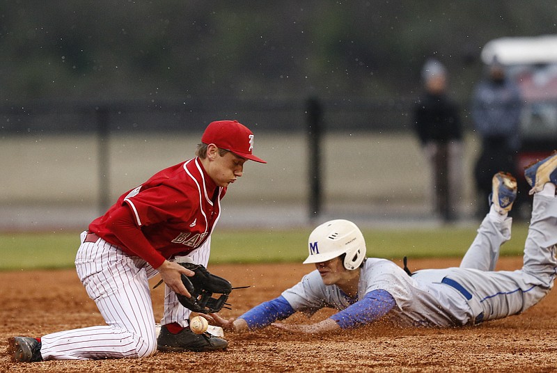 Baylor shortstop Gehrig Erel stops a pickoff throw but can't tag McCallie runner Cameron Costo during their prep baseball game at Baylor School on Tuesday, March 14, 2017, in Chattanooga, Tenn.