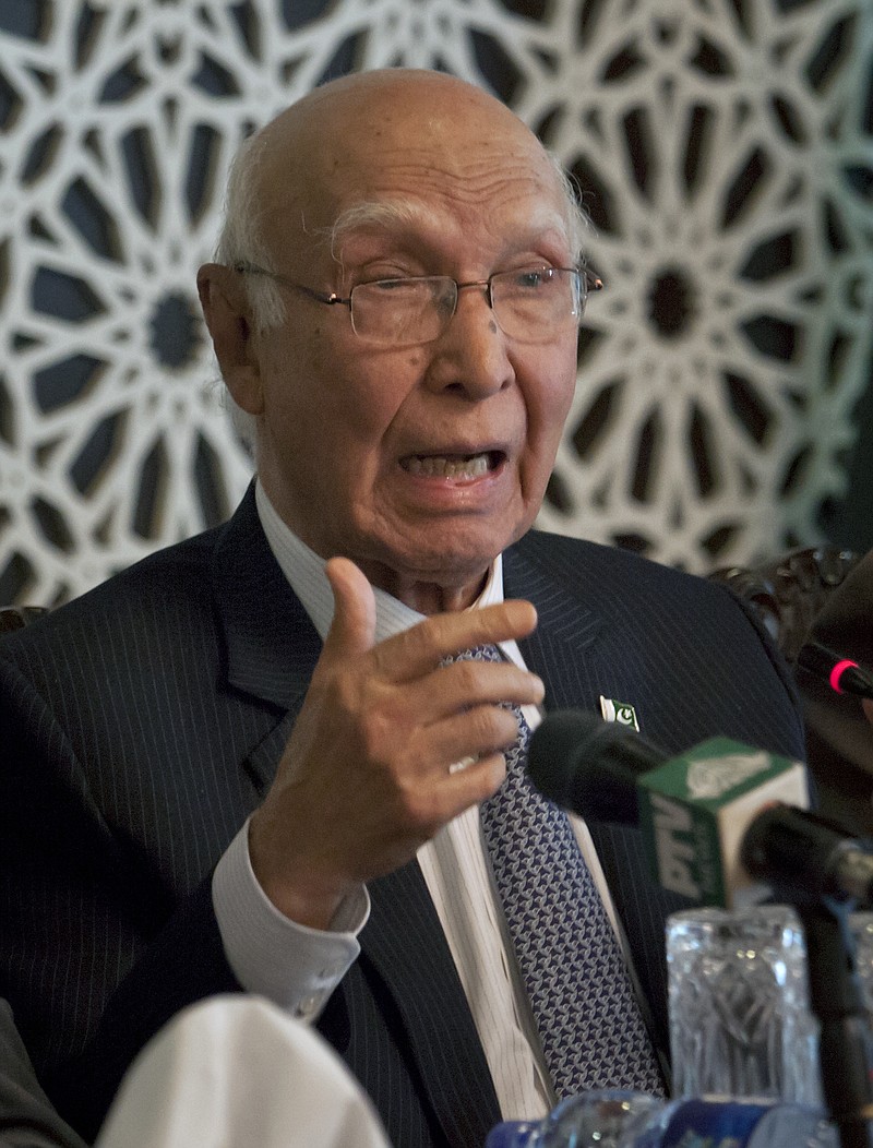 
              FILE - In this Thursday, March 2, 2017 file photo, Sartaj Aziz, adviser to Pakistan's prime minister for foreign affairs, speaks during a press conference in Islamabad, Pakistan. Pakistan vowed Tuesday, March 14, to prevent non-nuclear states from gaining the technology that would enable them to start down the path to acquiring nuclear weapons, even though both Islamabad and neighbor New Delhi defied non-proliferation treaties to become competing nuclear powers. (AP Photo/Anjum Naveed, File)
            