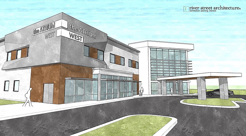 Artist rendering shows how one of the renovated Atrium medical office buildings may look after it is refurbished this year. The new owners of the Gunbarrel Road facilities plan to upgrade the 25-year-old offices during 2017.