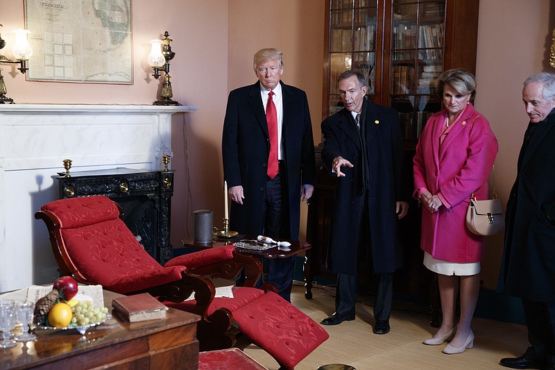 President Donald Trump takes a tour of Hermitage, the home of President Andrew Jackson, to commemorate Jackson's 250th birthday, Wednesday, March 15, 2017, in Nashville, Tenn. (AP Photo/Evan Vucci)