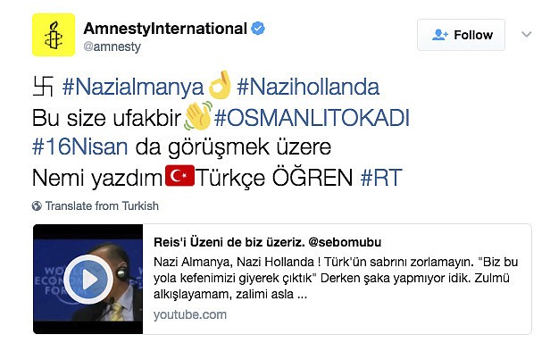 
              This is a screen-grab of  the Amnesty International Twitter feed taken on Wednesday March 15, 2017. Twitter says it has revoked access to block "a third-party app" apparently used to hack a number of accounts to broadcast pro-Turkish messages, like the one illustrated. It's not clear how many accounts were taken over late Tuesday but the targets appear to have been entirely random. (AP Photo)
            