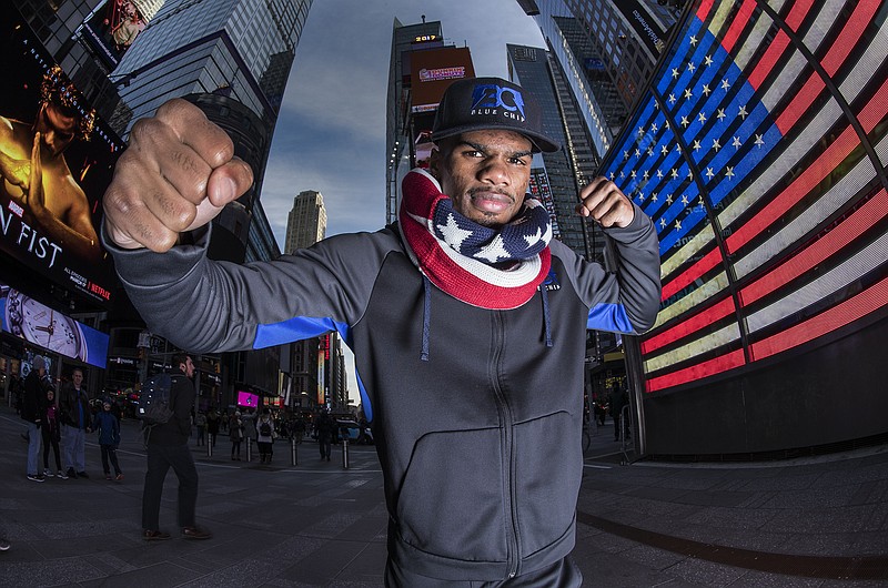 Undefeated Chattanooga native Ryan Martin poses in Times Square upon his arrival in New York City for his lightweight fight tonight at Madison Square Garden.