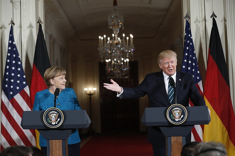 
              President Donald Trump and German Chancellor Angela Merkel participate in a joint news conference in the East Room of the White House in Washington, Friday, March 17, 2017. (AP Photo/Pablo Martinez Monsivais)
            
