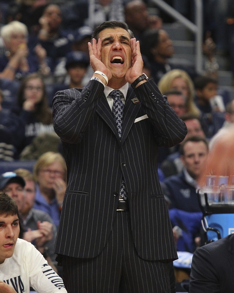 
              Villanova head coach Jay Wright reacts during the second half of a first-round men's college basketball game against Mount St. Mary's in the NCAA Tournament, Thursday, March 16, 2017, in Buffalo, N.Y. Villanova won, 76-56. (AP Photo/Bill Wippert)
            