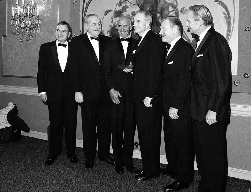 FILE - In this Nov. 28, 1967, file photo, the five Rockefeller Brothers pose for photos in New York as they gather to receive gold medals from the National Institute of social sciences. From left are: David Rockefeller, President of the Chase Manhattan Bank; Winthrop Rockefeller, Governor of Arkansas; Frank Pace, President of the NISS; John D. Rockefeller 3rd, Chairman of the Rockefeller Foundation; Nelson Rockefeller, Governor of New York; and Laurence Rockefeller, a conservation adviser to President Johnson. David Rockefeller, the billionaire philanthropist who was the last of his generation in the famously philanthropic Rockefeller family died. David Rockefeller was 101 years old. (AP Photo/File)