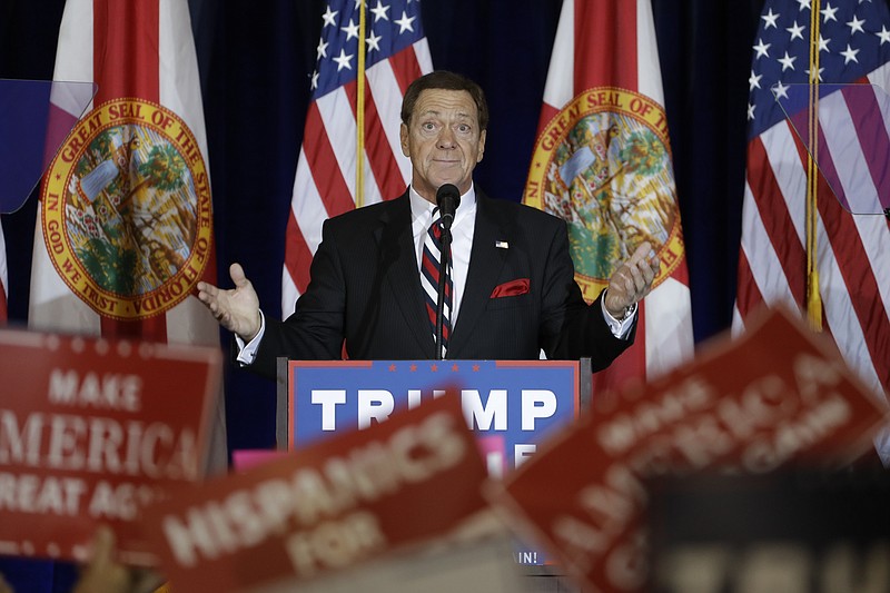 
              FILE – In this Nov. 5, 2016, file photo, actor, comedian and radio host Joe Piscopo gestures to the audience before a speech by Republican presidential nominee Donald Trump in Tampa, Fla. Piscopo is giving up on running as a Republican for governor to succeed Chris Christie, but the former "Saturday Night Live" cast member is "more serious" than ever about running as an independent, he said in an interview with The Associated Press. (AP Photo/Chris O'Meara, File)
            