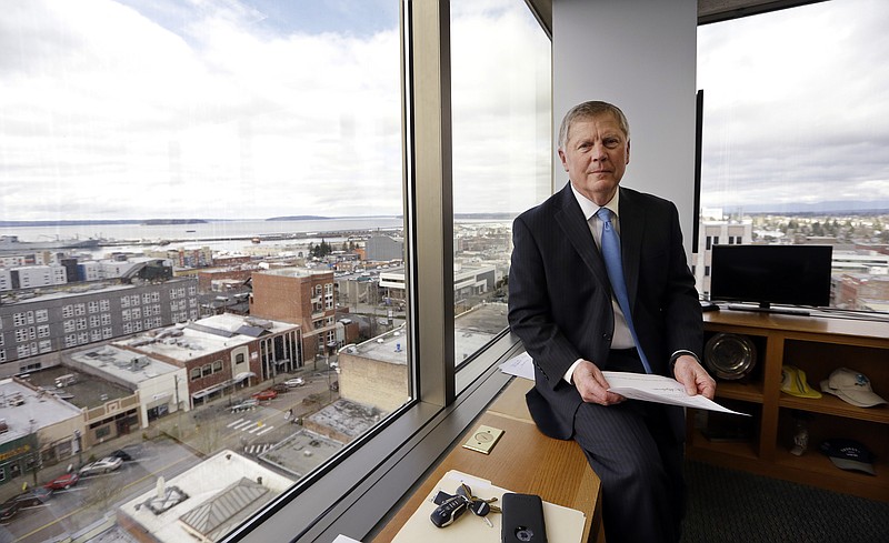 
              FILE--In this Feb. 16, 2017, file photo, Everett Mayor Ray Stephanson sits in his corner office overlooking downtown Everett, Wash. Stephanson is suing pharmaceutical giant Purdue Pharma, becoming the first city to try to hold the maker of OxyContin accountable for damages to his community. Connecticut-based Purdue Pharma argued in court documents filed Monday, March 20, 2017, there is no legal basis for such a lawsuit. (AP Photo/Elaine Thompson, file)
            