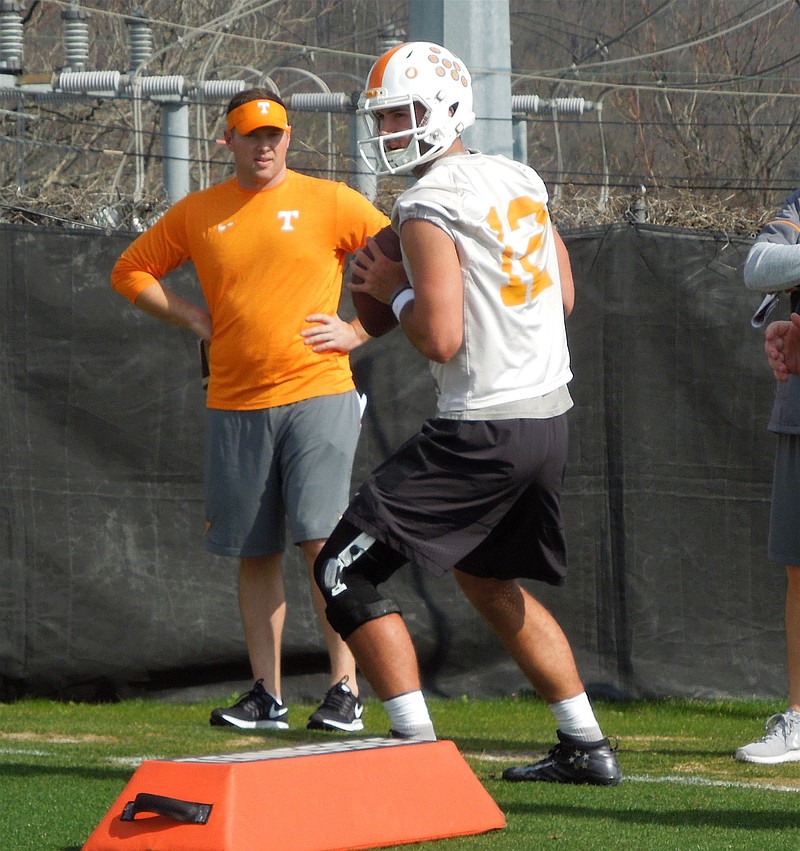 Quinten Dormady participates in the Vols' first spring practice of 2017. Dormady, who served two seasons as the backup for Josh Dobbs, is competing against redshirt freshman Jarrett Guarantano for the starting QB role.