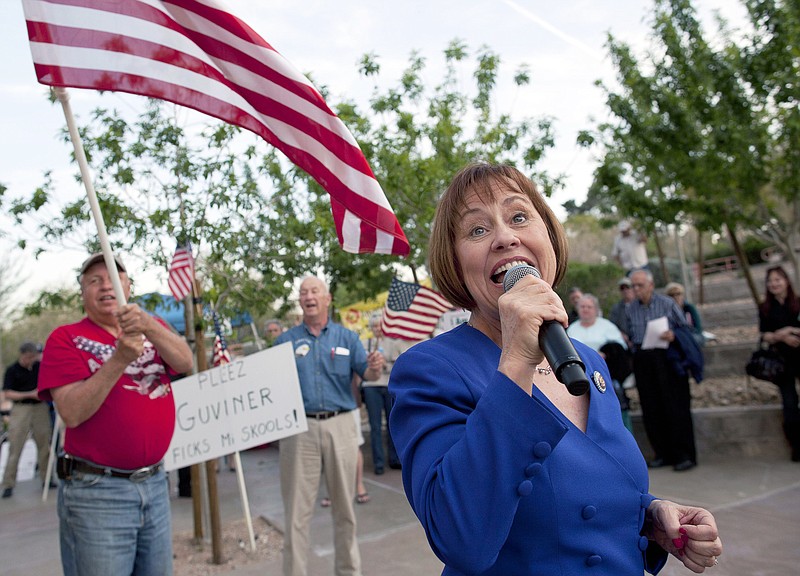 
              FILE - In this April 15, 2011 file photo, then-congressional candidate and former Harry Reid foe Sharron Angle speaks at a tea party rally in Las Vegas. Conservative activist and former Nevada state lawmaker Sharron Angle, a three-time candidate for Congress, has announced she is seeking to unseat Republican Rep. Mark Amodei in 2018. She and Amodei did not return messages seeking comment Tuesday, March 21, 2017. (AP Photo/Julie Jacobson, File)
            