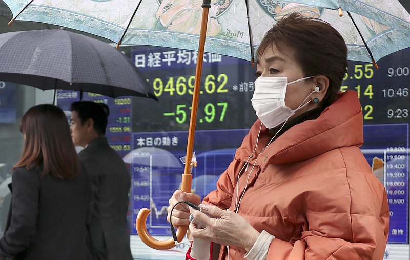 
              People walk past an electronic stock indicator of a securities firm in Tokyo, Tuesday, March 21, 2017. Asian shares were mixed in lackluster trading on Tuesday, as markets searched for a dominant theme, weighing currency fluctuations, signs of growing protectionism and other uncertainties. (AP Photo/Shizuo Kambayashi)
            