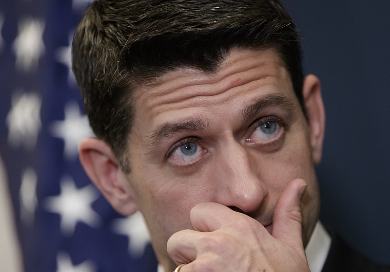 
              House Speaker Paul Ryan of Wis., pauses as he speaks with reporters on Capitol Hill in Washington, Tuesday, March 21, 2017, after meeting with President Donald Trump who came to Capitol Hill to rally support among GOP lawmakers for the Republican health care overhaul. (AP Photo/J. Scott Applewhite)
            