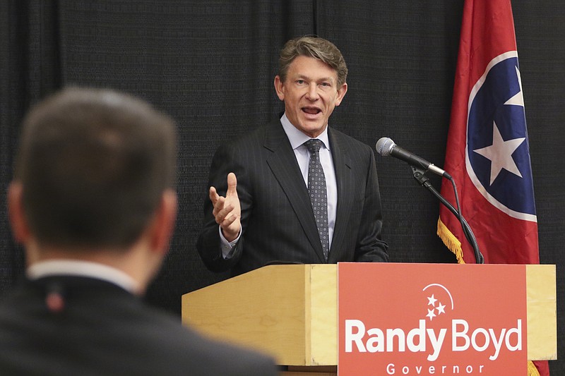 
              Former commissioner of economic development Randy Boyd publicly announces his candidacy for governor of the state of Tennessee during a luncheon at the Chattanooga Convention Center on Thursday, March 16, 2017. (Dan Henry/The Chattanooga Times Free Press via AP)
            