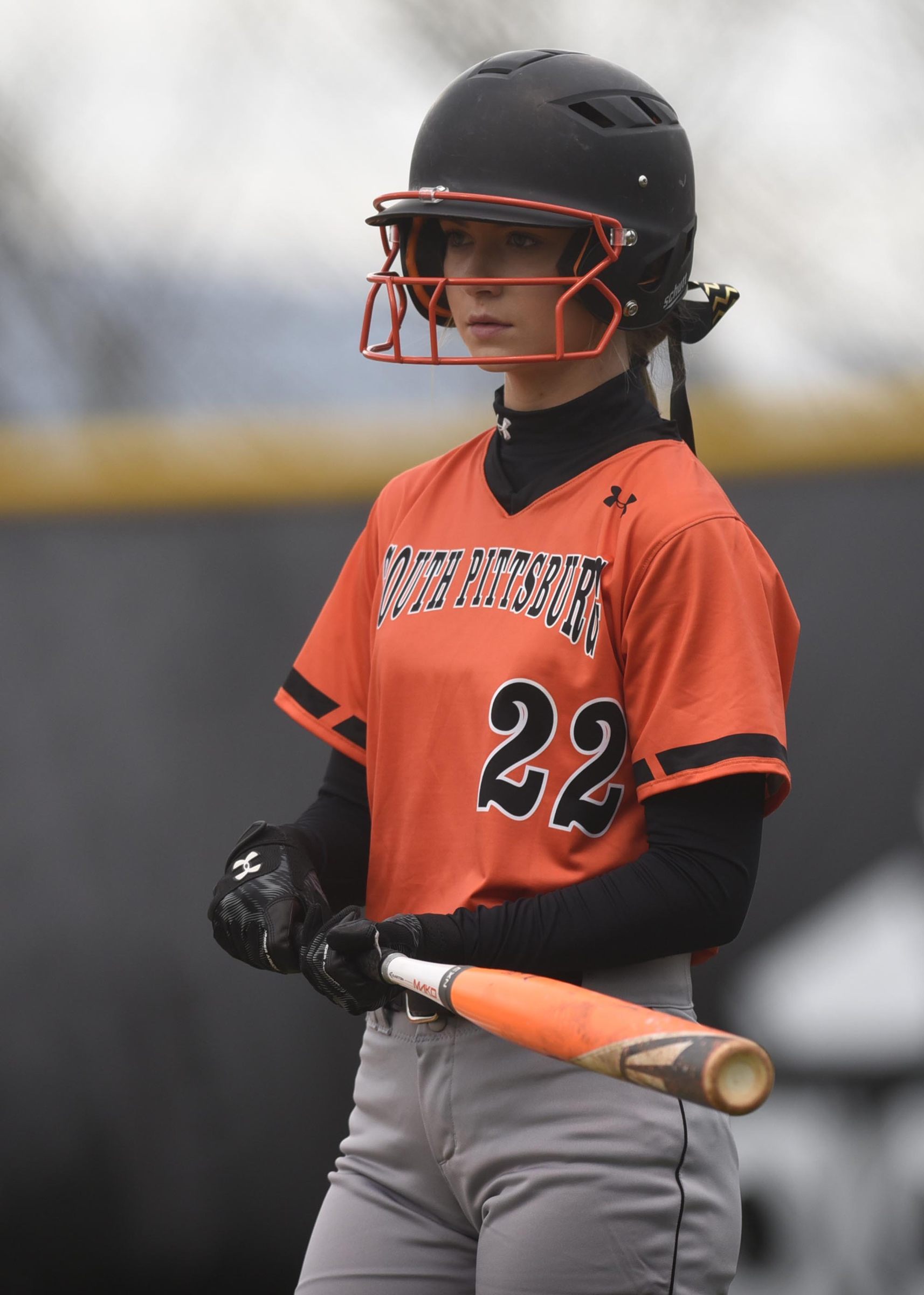 South Pittsburg's Victoria Grider, waiting in the on-deck circle during a game, is the daughter of Pirates football coach Vic Grider, who also coaches the softball team.