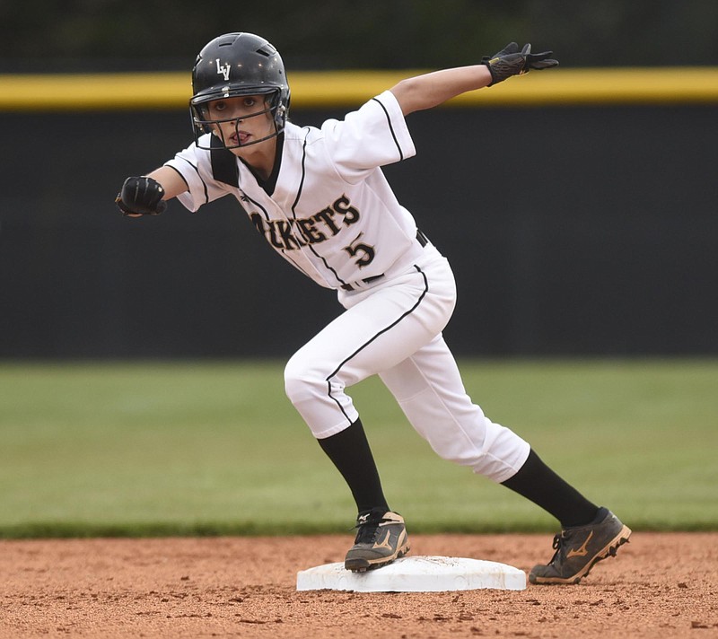 Lookout Valley's Katie Dinger prepares to take off from second base during a game. The junior has played softball for her father, David, at Lookout Valley since she was in sixth grade.