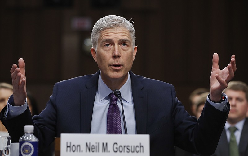
              Supreme Court Justice nominee Neil Gorsuch speaks on Capitol Hill in Washington, Tuesday, March 21, 2017, during his confirmation hearing before the Senate Judiciary Committee. (AP Photo/Pablo Martinez Monsivais)
            
