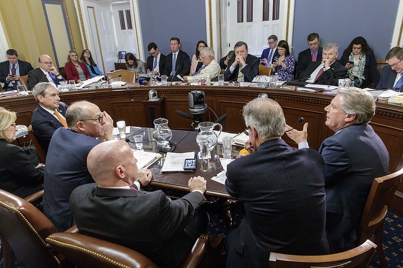 
              The House Rules Committee meets to shape the final version of the Republican health care bill before it goes to the floor for debate and a vote, at the Capitol in Washington, Wednesday, March 22, 2017. From left to right are, House Budget Committee Chair Diane Black, R-Tenn., Rep. John Yarmuth, D-Ky., the Budget Committee ranking member, House Energy and Commerce Committee Chairman Greg Walden, R-Ore., House Ways and Means Committee Chairman Kevin Brady, R-Texas, Rep. Richard Neal, D-Mass., the ranking member of Ways and Means, and Rep. Frank Pallone, D-N.J., the ranking member of the House Energy and Commerce Committee. At top center on dais are Rules Committee Chairman Pete Sessions, R-Texas, left, and Rep. Tom Cole, R-Okla., the vice chair. (AP Photo/J. Scott Applewhite)
            