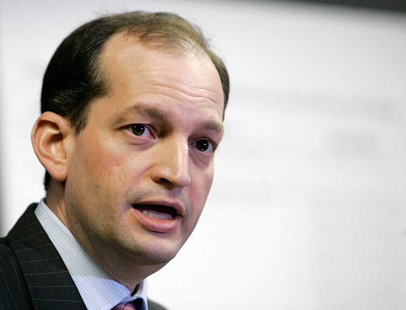 
              FILE - In this Jan. 16, 2008 file photo, R. Alexander Acosta talks to reporters during a news conference in Miami. Labor Secretary nominee Acosta is facing questions Wednesday, March 22, 2017, about how, exactly, he would back up American workers when his record, even at the agency, provides few clues.  (AP Photo/Alan Diaz, File)
            