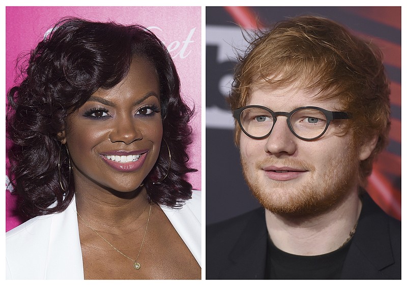 
              FILE - In this combination photo, musician, songwriter and TV personality Kandi Burruss, left, appears at the OK! Magazine's So Sexy Party in June 1, 2016 in New York and musician Ed Sheeran appears at the iHeartRadio Music Awards on March 5, 2017, in Inglewood, Calif. On the website for performance rights organization ASCAP, Burruss, Tameka Cottle and Kevin Briggs have been added as co-writers of “Shape of You,” co-written by Sheeran, Steve Mac and John McDaid. Burruss, also a reality star on Bravo’s “The Real Housewives of Atlanta,” posted about the news Sunday, March 19, 2017, on her Instagram page. (Photos by Charles Sykes and Jordan Strauss/Invision/AP, File)
            