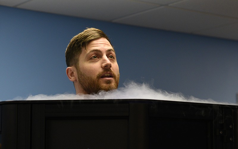Chase Whited spends three minutes in a Cryosauna Thursday, March 23, 2017 at GlaceՠCryotherapy Chattanooga.