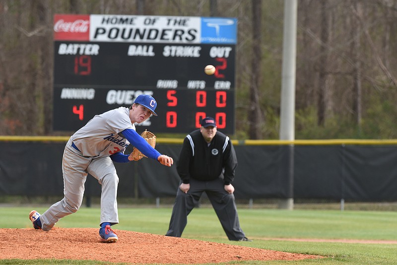 Cleveland's Asa Blake delivers a pitch in the fourth inning and cruises to a one-hit, 12-0 win over Central Thursday in  Harrison.