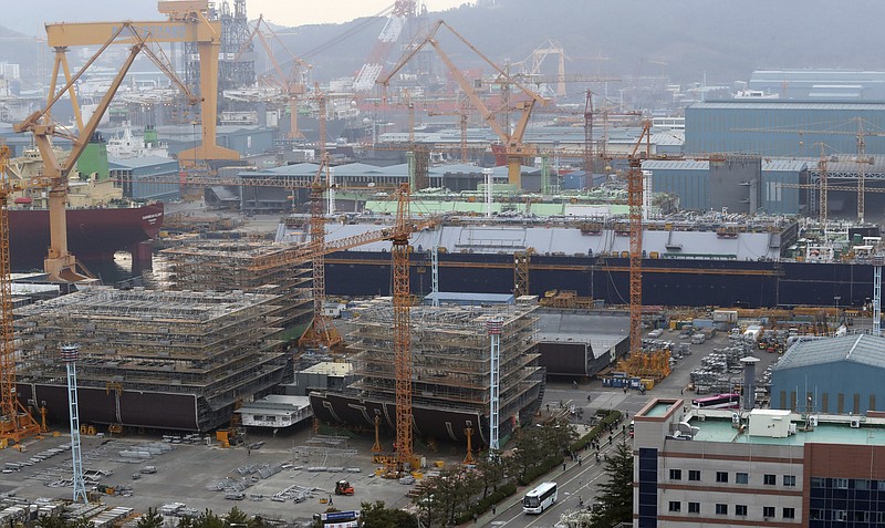 
              A shipyard of Daewoo Shipbuilding & Marine Engineering Co. is pictured in Geoje, South Korea, Thursday, March 23, 2017. South Korea announced Thursday a fresh capital injection for Daewoo Shipbuilding & Marine Engineering Co., seeking to prevent the world's second-largest shipbuilder from defaulting on its debts. (Kim Dong-min/Yonhap via AP)
            