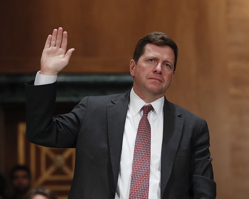 
              Securities and Exchange Commission (SEC) Chairman nominee Jay Clayton is sworn-in on Capitol Hill in Washington, Thursday, March 23, 2017, prior to testifying at his confirmation hearing before the Senate Banking Committee.  (AP Photo/Pablo Martinez Monsivais)
            