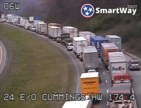 An increased number of vehicles has slowed traffic to a crawl on Interstate 24 westbound from the Browns Ferry Road exit to the Tennessee-Georgia state line, according to the Tennessee Department of Transportation's SmartWay website.