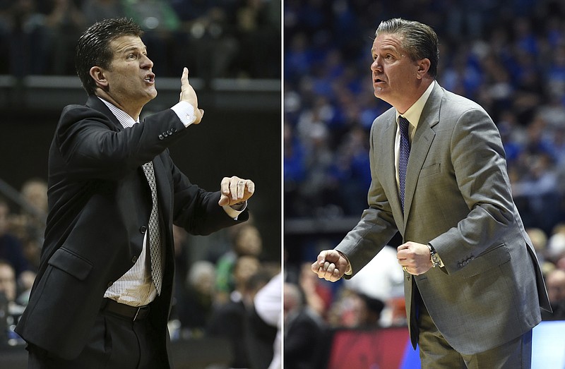 
              FILE - At left, in a Dec. 18, 2016, file photo, UCLA head basketball coach Steve Alford calls to his team during an NCAA college basketball game against Oregon, in Eugene, Ore. At right, in a March 12, 2017, file photo, Kentucky head coach John Calipari watches the action in the second half of an NCAA college basketball game against Arkansas for the championship of the Southeastern Conference tournament in Nashville, Tenn. UCLA and will meet in an NCAA college basketball regional semifinal in Memphis, Tenn., on Friday, March 24. (AP Photo/File)
            