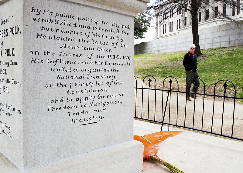 The burial place of President James K. Polk and his wife, Sarah Polk, is seen on the grounds of the state Capitol in Nashville, Tenn., on Friday, March 24, 2017. A resolution being considered in the state Legislature calls for exhuming their bodies and moving them to the James K. Polk Home and Museum in Columbia, Tenn. (AP Photo/Erik Schelzig)