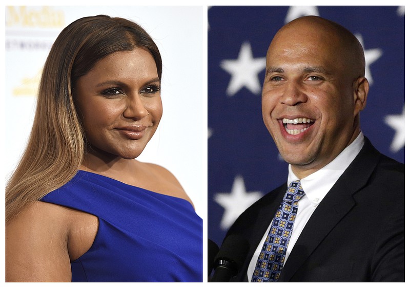 
              FILE - In this combination photo, Mindy Kaling, left, arrives at the 41st annual Gracie Awards Gala on May 24, 2016, in Beverly Hills, Calif., and Sen. Cory Booker, D-N.J., addresses supporters during an election night victory gathering on Nov. 4, 2014  in Newark, N.J. Booker has invited Kaling to dinner in Newark after the actress' character on "The Mindy Project," made a joke about Newark. Booker's spokesman says the date hasn't yet been scheduled. (AP Photo/Chris Pizzello, left, and Julio Cortez)
            